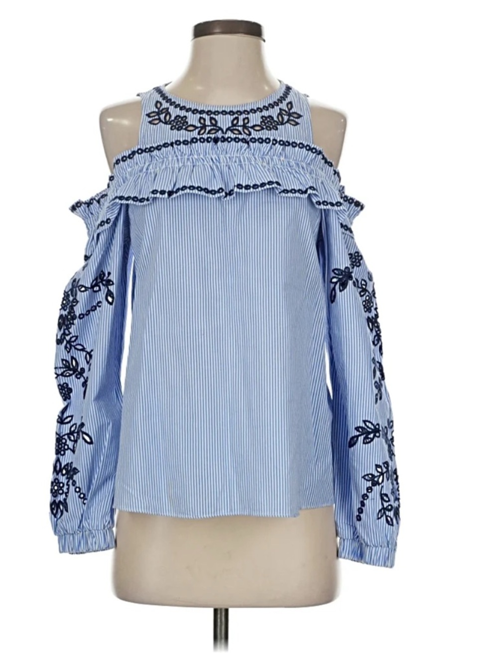 Cold-Shoulder Blue Striped Embroidered Blouse S